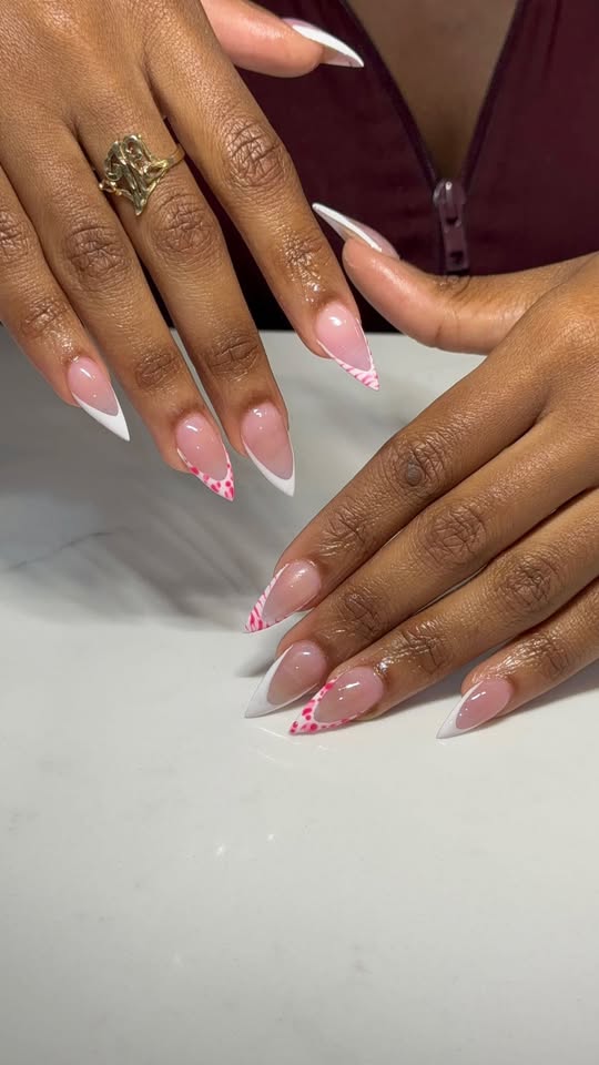 White French stiletto nails with pink leopard cuticle accent