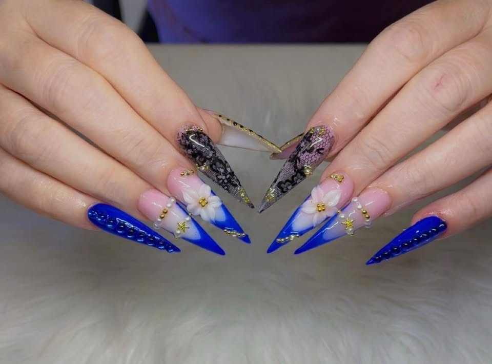 Royal blue stilettos with lace, pearls and 3D flowers
