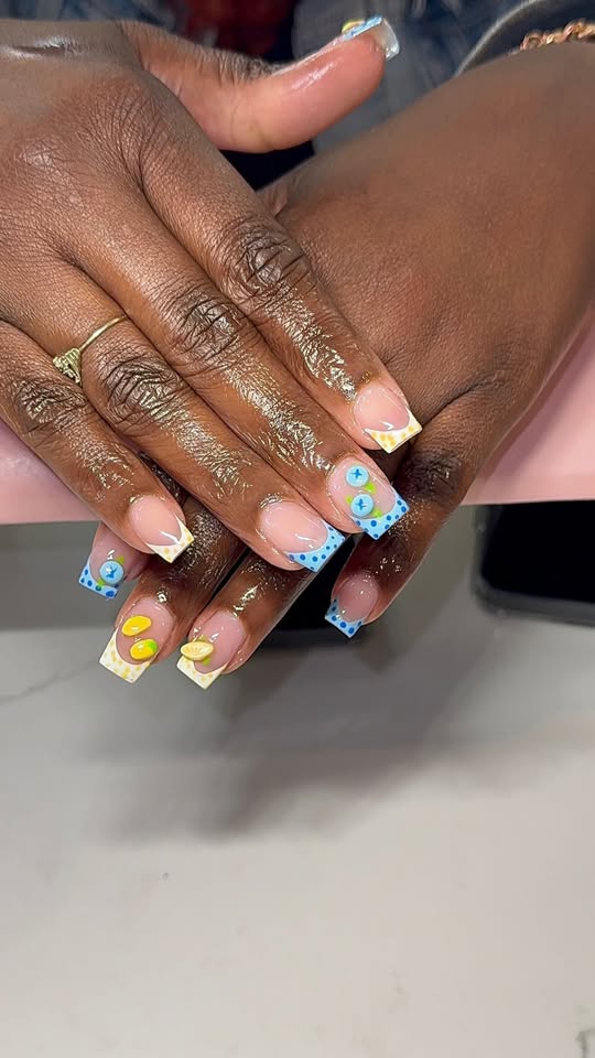 Lemon and blue dot French tip square nails