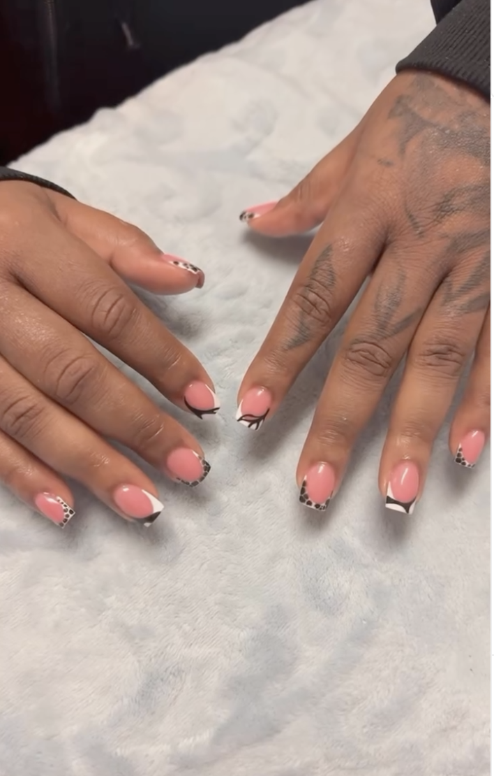 Nude short coffin nails with black and white leopard French tips