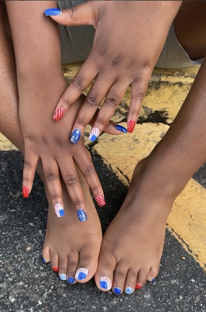 Patriotic red, white and blue American flag mani and pedi